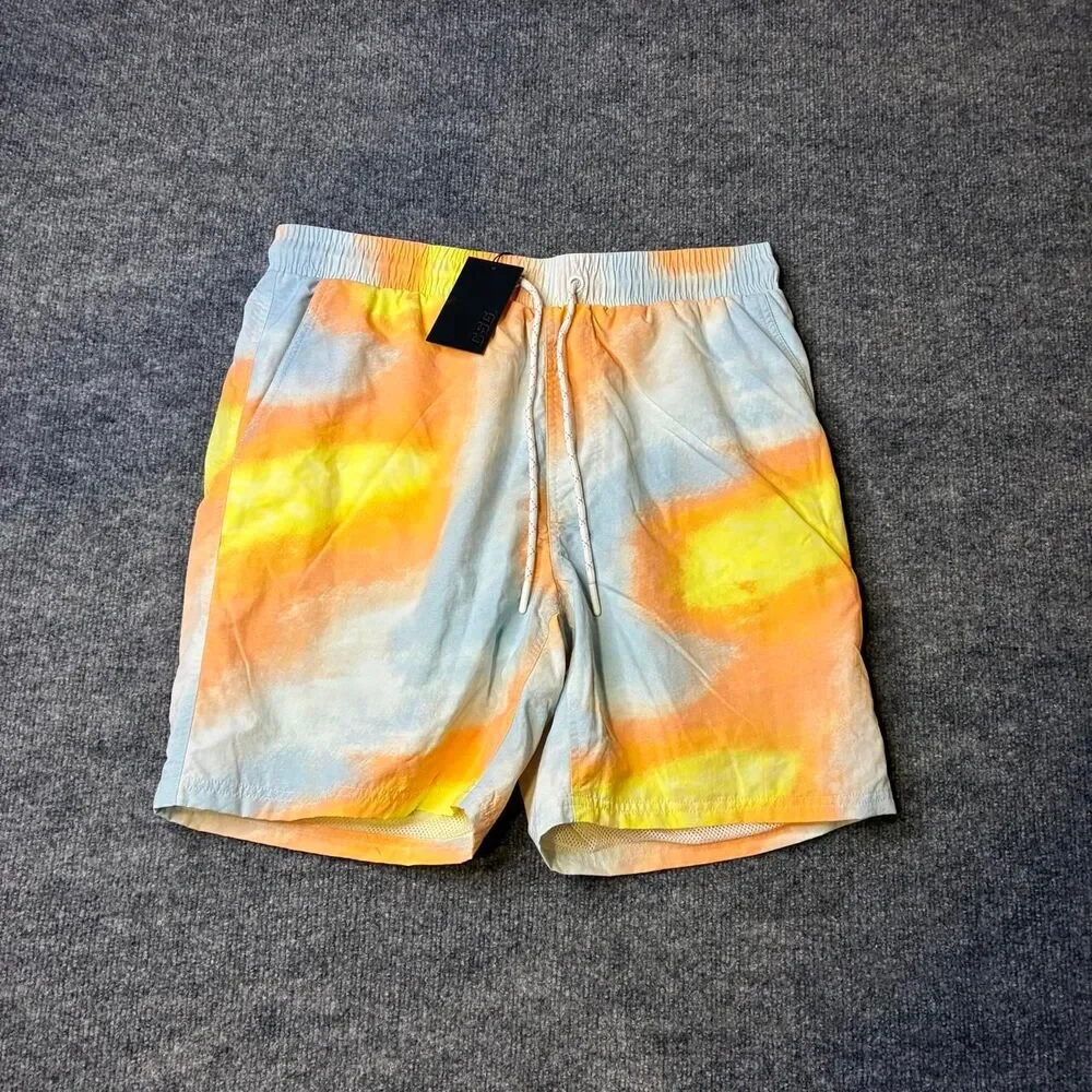CSG Men’s Large Orange Yellow Blue Abstract Swim Trunks Mesh Lined NWT